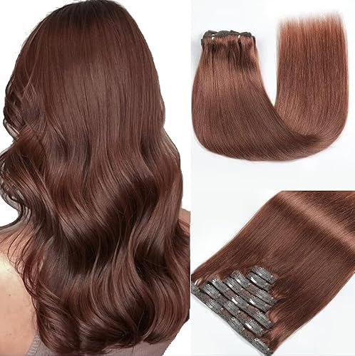GUDOZO Clip in Extensions Echthaar 7pcs 35cm 80g Schokoladenbraun Invisible Dunkel Braun Hair Extensions Remy Clip in Haarverlängerung Natürliche Skin Weft Echthaar Extensions(14Zoll,33#)