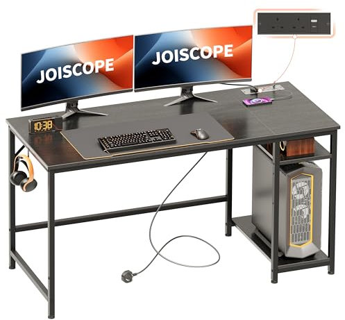 JOISCOPE Computer Desk, 140cm Black Desk with USB Outlets and Type-C Charging Port and Shelves, Gaming Desk with Headphone Hook, Table for Study, Play, Work and Home Office, Black