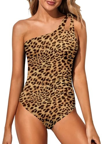 Holipick Einteiliger Badeanzug mit einer Schulter für Damen, Bauchkontrolle, bescheidene volle Abdeckung, Schlüsselloch-Bademode, Gepard, XL