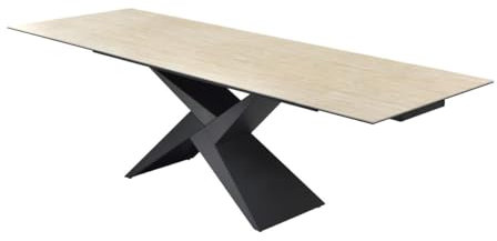 Vente-unique-Esstisch ausziehbar - 6 bis 10 Personen - Keramik, Glas & Metall - Travertin-Optik Beige & Schwarz - LIONIZA von Maison Céphy