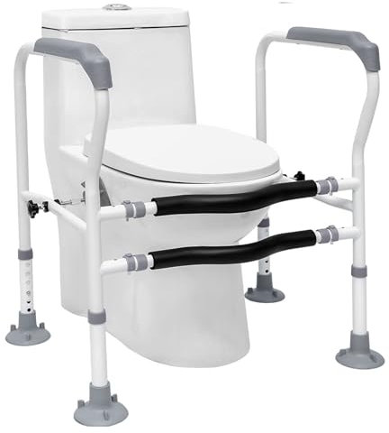 Aufstehhilfe Toilette, Behinderten WC Haltegriff, Toilettensitzerhöhung mit Armlehnen, Breiten & Höhenverstellbar, Einfache Montage, WC Aufstehhilfen ohne bohren, WC Sitzerhöhung max 200kg