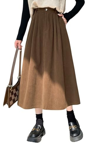 chouyatou Women's Vintage Corduroy A Line Skirt High Elastic Waist Pleated Swing Midi Long Skirt with Pockets (Medium, Brown)