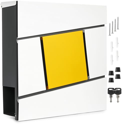 BRUBAKER Briefkasten mit Zeitungsfach Yellow Square - Moderner Postkasten mit Zeitungsrolle - Großer Design Wandbriefkasten aus Aluminium mit 2X Schlüssel - Gelb, Weiß und Anthrazit