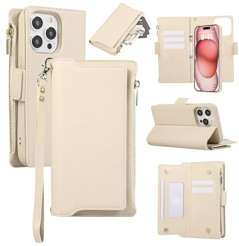 Wallet Case for iPhone 11 Pro,Zipper Pocket Magnetic [Detachable] Flip Leather Cover with 6 Card Slots and 1 Cash Slot,[RFID Blocking] Case with Wrist Strap and Lanyard for Woman/Man(White)