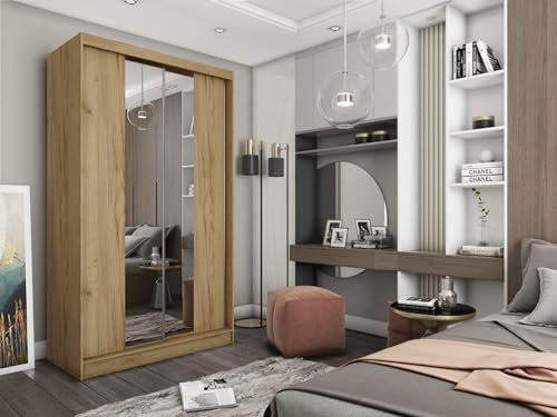 AGMAT-FURNITURE Schwebetürenschrank Lyon, Kleiderschrank mit 2 Türen, Moderne Garderobe in Farbe: Artisan, Schrank in Größe: 120 x 216 x 61 cm