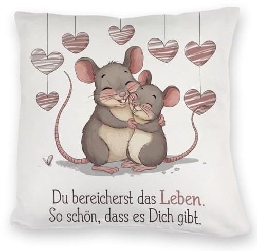 speecheese Zwei umarmende Mäuse Kuschelkissen - Du bereicherst das Leben Herzerwärmende Illustration Herzförmige Mäuse umarmen Sich Romantische Dekorationen mit deutschem Text
