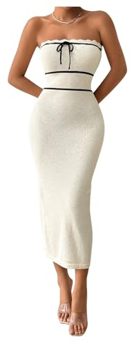 SweatyRocks Damen Tube Kleid Trägerloses Midikleid Ärmellos Sommerkleid Bandeau Schulterfrei Bodycon Freizeitkleid Kleid mit Konten Aprikosenfarben S