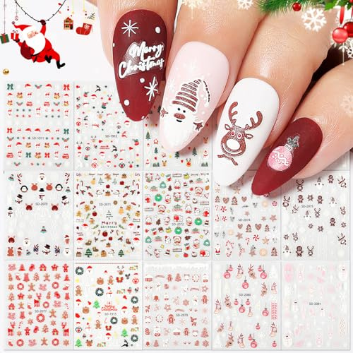 NICEDECO 15 Sheets Christmas Nail Art Stickers Decals, Self-Adhesive Stickers Colorful Ultralight Water-proof Stickers, Nail Art Design Decoration Accessories