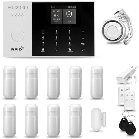 HUXGO® HXA005 Alarmanlage Haus WiFi + GSM 4G mit Sirene | Tuya Smartlife App | Alarm System mit Drahtloser Fenstersensor, 9X Bewegungsmelder | Alarmanlage für Wohnung, Garage