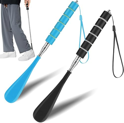 Chausse Pied Telescopique,2 Pièces Chausse Pied Metal 30-70cm,Chausse Pied Long Court,Chausse Pied Réglable Chausse Pieds Long Manche pour Hommes Femmes Enfant Seniors(Bleu et Noir)