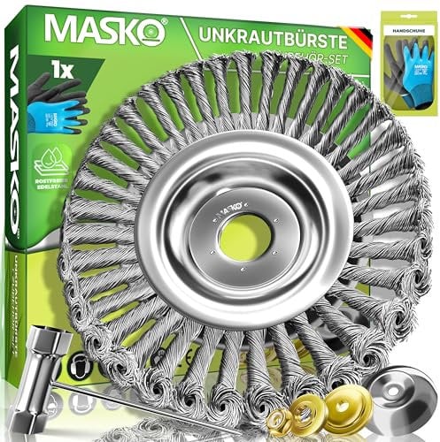 MASKO® Unkrautbürste für Freischneider & Motorsense | Wildkrautbürste 25,4 & 20mm Bohrung | Drahtbürste zur effektiven Unkrautentfernung kompatibel mit Stihl | Edelstahl Bürste inkl Montagezubehör-Set