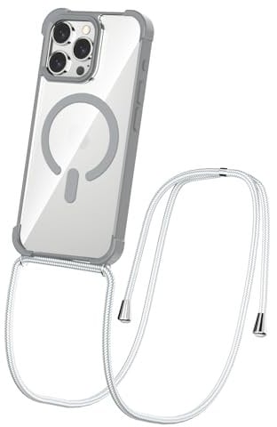 CAROKI Magnetic Crossbody Lanyard Case for iPhone 16 Pro, Ultra Clear Case Compatible with MagSafe Bumper with Strap Adjustable Neck Cord Necklace Cover for iPhone 16 Pro-Silver Grey