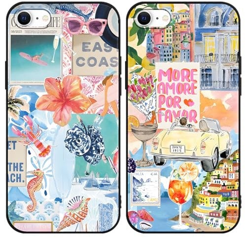 Phoona 2 Pack Cute Case for iPhone 7/SE 2020/8/SE 2022 4.7, European Collage Preppy Summer Girly Design Pattern for Girls Women, Slim Soft Silicone Shockproof Bumper Protector Cover, Blue 03