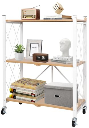 Hershii Folding Storage Shelves on Wheels, 3-Tier Metal Shelving Unit, Standing Bookcase Display Rack for Kitchen, Living Room, Office, Garage, Pantry, 71 X 34 X 92cm, White Oak Color