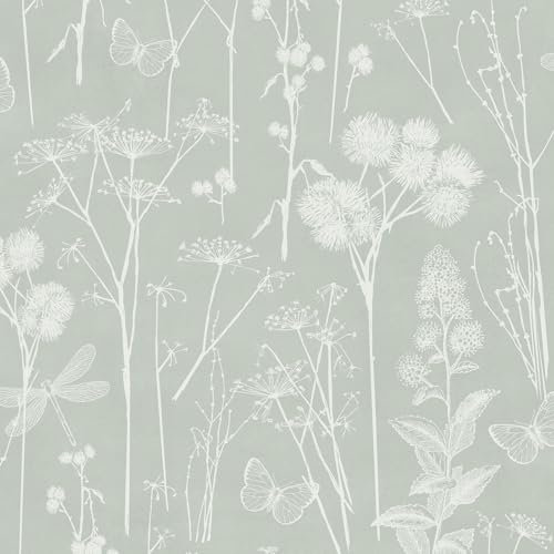World of Wallpaper Botanical Delicate Floral Themed Wallpaper with Butterflies Dragonflies and Flowers in Soft Sage Green for Living Room Bedroom Lounge Wallcovering AF0039
