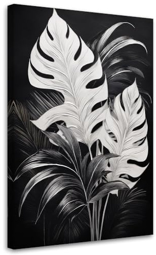 Feeby Wandbilder - Bilder Schlafzimmer - Monstera verlässt Black White Loft - 40x60 1tlg - Wohnzimmer Bild Groß - Wohnungs - Foto Geschenk - Leinwand Wall Art - Wand Deko