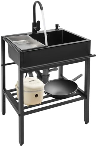Fregadero independiente de acero inoxidable 201, fregadero para cocina con grifo negro, dispensador de jabón, cesta de goteo, válvula de esquina, válvula de drenaje, ángulo de rotación del grifo 360°