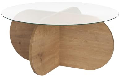 Calicosy - Mesa de centro redonda Aeris D75 Cm con tapa de cristal templado y patas cruzadas de madera, diseño elegante y moderno, estructura certificada PEFC