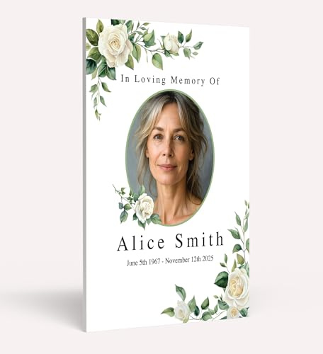 Personalised Funeral Condolence Memorial Sign Board In Loving Memory Celebration of Life Funeral Decorations Remberance Keepsake for Wake (White Roses Design)