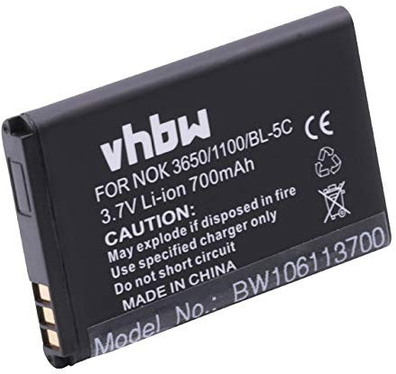 vhbw Li-Ion Battery 700mAh (3.7V) compatible with Nokia 100, 101, 106 dual Sim, 1100, 1101, 1110, 1110i, 1112 replacement for BL-5C, BL-5CA, BL-5CB