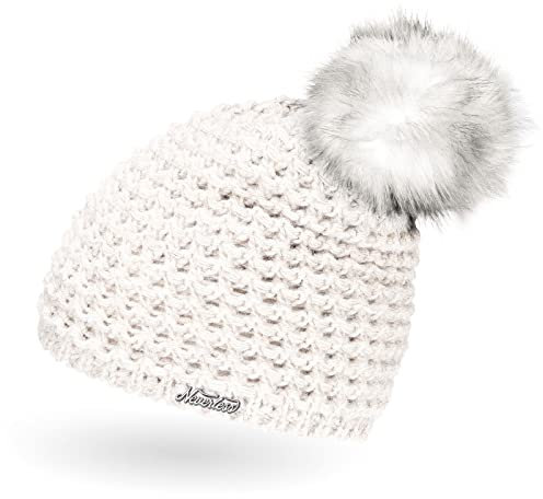 Neverless® Damen Strickmütze Perlstrickmuster Pudelmütze Wintermütze ohne Umschlag mit Fleecefutter und Kunstfellbommel Model 1978 Creme Unisize