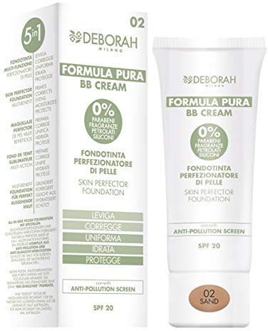 Deborah Milano BB Cream Formel Pure SPF 20 mit natürlichen Inhaltsstoffen, 02 Sand, pflegende Wirkung, Antioxidans und Anti-Blaulicht, spendet eine glatte und nährende Haut, 30 ml
