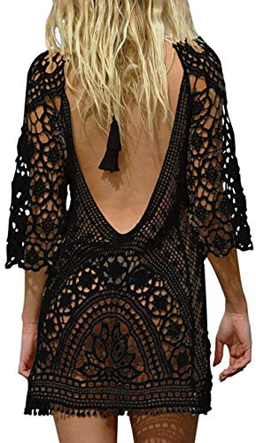 Femme Mini Robes de Plage Tunique Pull Kimono Bohême Mode Dos Nu Bikini Cover Up Crochet Blouse Taille Unique