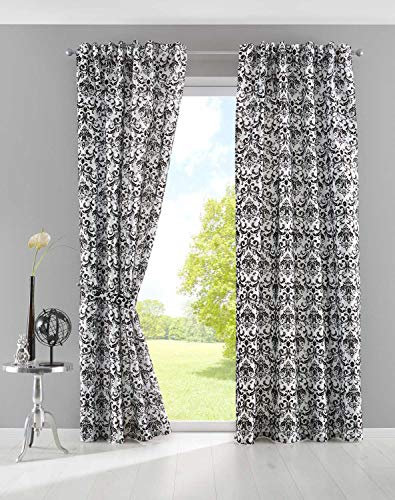 Gardinenbox 2er Set HxB 245x140 cm Vorhang Widseide Optik Weiß Schwarz Barock Blickdicht Flockfasern Deko Gemustert, Blickdicht mit verdecktem Schlaufenband, 20200-20210