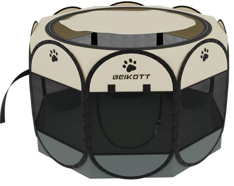 BEIKOTT Haustier-Laufstall, zusammenklappbar, tragbar, für Welpen/Hunde/Katzen/Kaninchen, Spielzelt mit abnehmbarem Netz-Schattenbezug für Reisen, drinnen und draußen (klein)