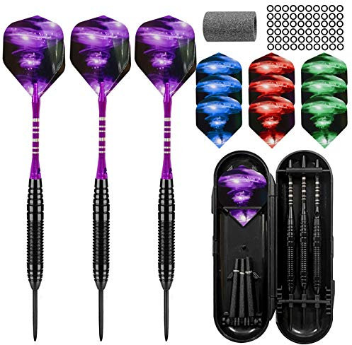 Xionghonglong Dartpfeile mit Metallspitze 22 Gramm, 3 Stück Profi Steel Dartpfeile Aluminium Schaft mit 12 Flights,60 Anti-Lose Gummiringe,1 Sharpener,1 Dart Case,Steel dartpfeile Set