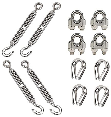 Pamtns Tenditore Acciaio Inox Morsetti per Cavi Tiranti per Filo Acciaio Kit di Ringhiere per Cavi Tenditore Acciaio M3 Thimble Acciaio Inossidabile Corda Appesa Giardino Kit Cavo Acciaio per Tende