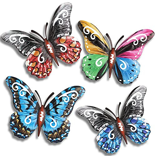 Treer 4 Stücke Metall Schmetterling Wanddeko Bunt Garten 3D Schmetterlinge Wand Deko Eisen Balkon Terrassen Schlafzimmer Wohnzimmer Zäune Schuppen Wande Anhänger Deko (Stil A)