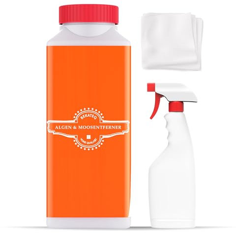 Algenreiniger 1L Set mit Sprühflasche und Vliestuch - Moosreiniger & Algenentferner für Pool, Whirlpool, Fliesen, Stein, Dach, Klinker, Fassade - Reiniger chlorfrei & säurefrei - BEKATEQ BE-509