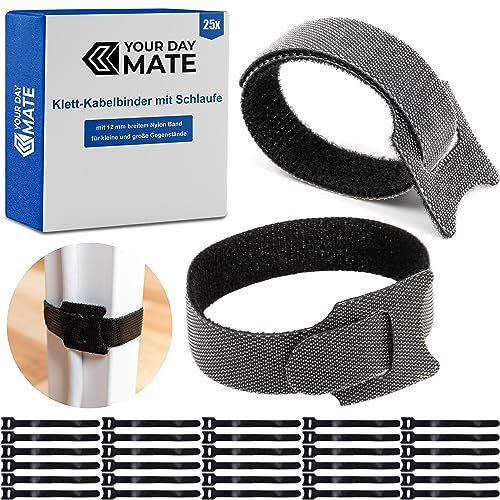 Klett-Kabelbinder mit Schlaufe, 25 Stück, 25 cm Länge, in Schwarz, Kabelklett aus Nylon, Schlaufenklettband, wiederverschließbare Kabelorganisation, Kabelbinder Klett Verschluss, Klemme Kabel Band