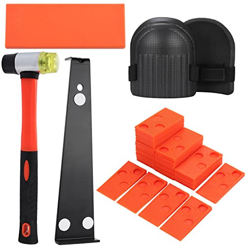 Fippy Vinylboden Verlegeset, 45 tlg. Laminatfußboden Verlegeset Kit inkl. 40 Montagekeile, Schlagklotz, Zugstange, Doppelseitiger Hammer, Schaum Kniepolster, Orange