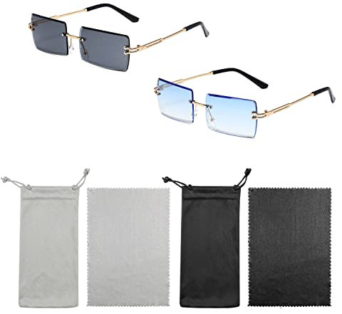 BEIIEB 2 Paar Rechteckige Randlose Sonnenbrillen mit 2 Brillenbeuteln und Brillenputztuch, klare Vintage-Sonnenbrille, HD-Sicht, UV-Schutz, für Strand-Shopping-Party.