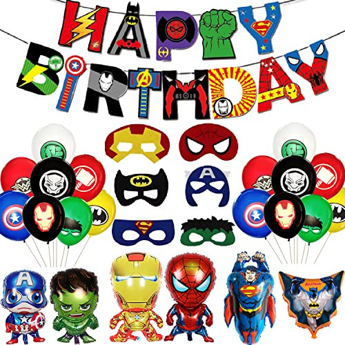 Décorations Super-Héros Avenger - Masques, Bannière Joyeux Anniversaire, Grands Ballons en Aluminium pour Enfants Garçons, Fournitures Fête Thème