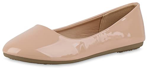 VAN HILL Damen Klassische Ballerinas Flache Freizeit Schuhe Elegante Slip Ons Lack Slippers Leder-Optik Schlupfschuhe 211178 Beige Lack 36