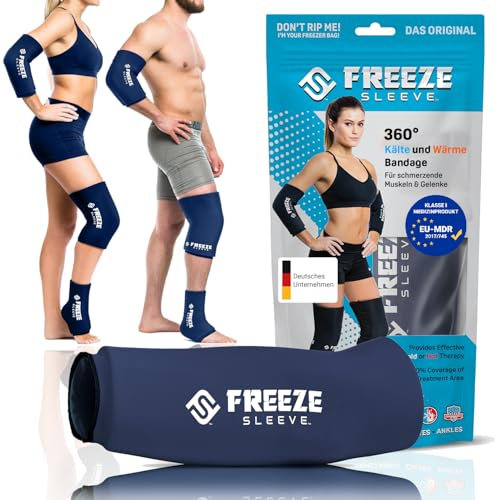 FREEZE SLEEVE Kühlbandage mit Wärmefunktion. Wiederverwendbar und hält von selbst mit 360° Wirkung Kühlpack für Knie Ellbogen Gelenke hilft bei Tennisarm Knieschmerzen (Navy Blue - XXL)