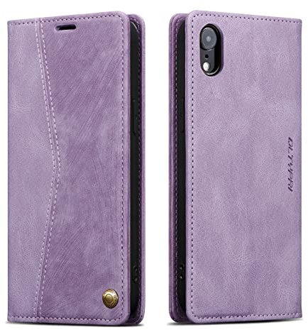 QLTYPRI Hülle für iPhone XR 6,1 Zoll, Leder Klapphülle, Retro Lila | Vintage PU Leder Hülle, Handyhülle mit 2 Kartenfächer, Standfunktion, Weicher TPU-Rahmen, Stoßfeste Flip Wallet Case