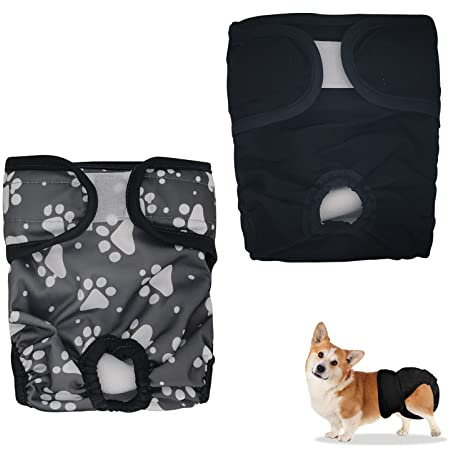 Andiker Wiederverwendbare Windeln für Hündinnen, waschbar und verstellbar, für kleine, mittelgroße und große Hunde, Pfotenabdruck + Schwarz, Größe M, 2 Stück