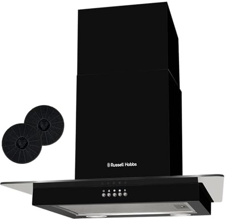 Russell Hobbs 60cm Flat Glass Cooker Hood, 3 Speed Settings, Washable Filters, ECO LED Lights, Low Noise, Extraction and Recirculation, Premium Push Button Controls, Black RHFGCH601B