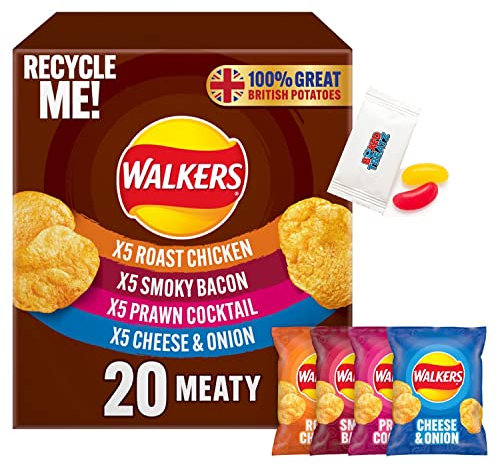 Walkers Meaty Variety Crisps 20X25g Multipack Of Walkers Meaty Variety Crisps Smoky Bacon Roast Chicken Prawn Cocktail Cheese & Onion Boxed Treatz