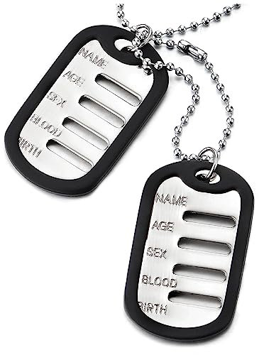COOLSTEELANDBEYOND Militär Dog Tag Zwei Stücke Armee Anhänger Halskette für Herren mit Schwarz Silikon und 69cm Kugelkette, Klassischer