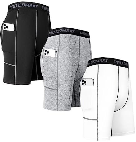 Rivccku 3er Pack Herren Kompressionsshorts Schnelltrocknendes Base Layer Tights Sport Unterhosen für Enge trockene und atmungsaktive Radlerhose, Sportshorts mit Handytasche