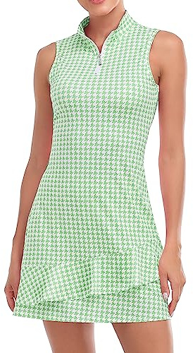 Viracy Tenniskleid für Damen, ärmellos, Golfkleider mit Shorts und Taschen, Rüschen, Reißverschluss, Stehkragen, Golf-Outfits, H-grün Hahnentritt, Mittel