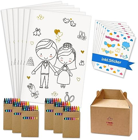 Hochzeitsmalbuch 6er Set, Gastgeschenke Hochzeit Kinder inkl. Buntstifte & Stickern, Hochzeit Kinder Beschäftigung Malbuch Hochzeit Gastgeschenke für Unterhaltung
