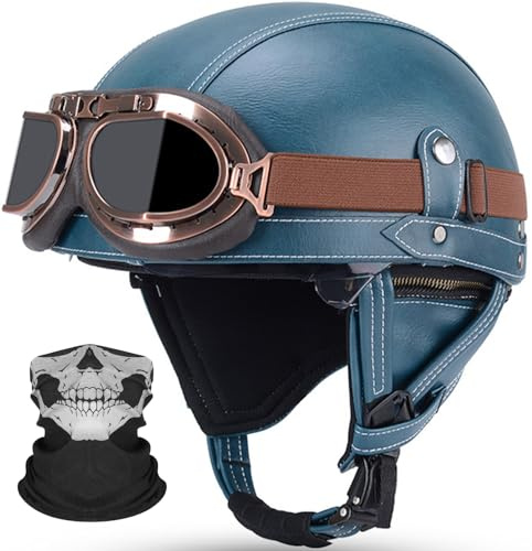 Deutschen Stil Leder Halbschalenhelm Retro Motorrad Halbhelm mit Brille ECE Genehmigt Erwachsene Halbschale Jet-Helm Scooter-Helm für Cruiser Scooter