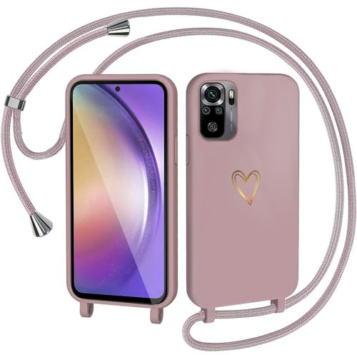 CaseLover Coque avec Cordon Compatible Xiaomi Redmi Note 10 4G/Redmi Note 10S, Coque de Cellulaire Corde Silicone Étui en Motif Coeur avec Réglable Collier Téléphone Chaîne Lanyard Case Housse, Pink