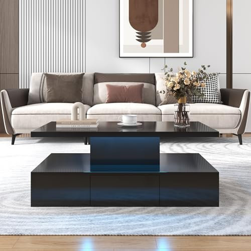 BTM Table Basse LED Via Bluetooth, Tiroirs et 2 étagères, Laque Haute Luminosité, Design Moderne Table Basse Salon, 100x50x39cm, Noir